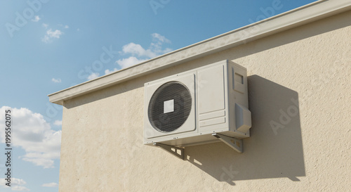 Air conditioning unit mounted on exterior wall against blue sky  