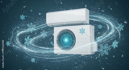 Air conditioner with swirling snowflakes on blue background  