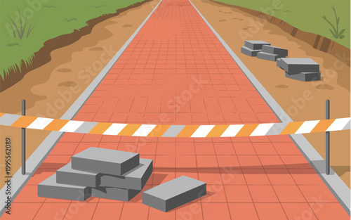 Workers construct pathway with blocks and caution tape on dirt road