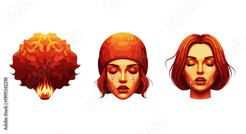 Illustration of human emotions, mental health, and physical well-being represented by a heart, hand with icons, and a headburst