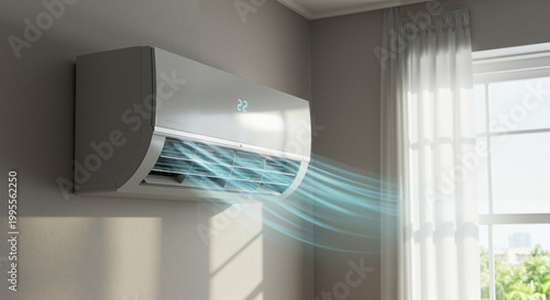 Air conditioner blowing cool air in modern living room setting  