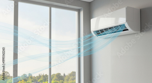 Air conditioning unit blowing cool air in modern interior room  