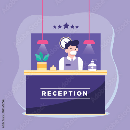Receptionist wearing a face mask at a hotel front desk with hand sanitizer and a plant, flat vector illustration