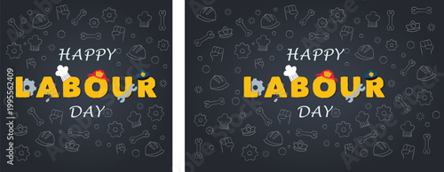 Happy labour day greeting card with icons of various professions and tools on a dark blue background