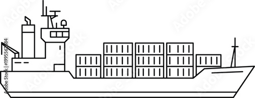 Cargo container ship outline illustration featuring maritime freight transportation logistics vessel with stacked containers and global shipping concept