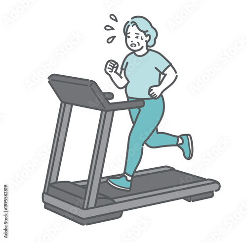 トレッドミルで辛そうにジョギングをするぽっちゃり体型のシニア女性のイラスト