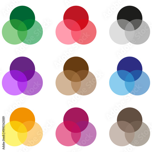 Overlapping circle Venn diagram set vector. Colorful infographic templates show logical relationships among three distinct items.