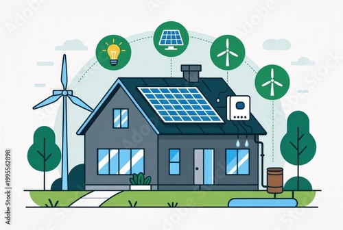 Smart eco-home with solar panels, wind turbine and rainwater harvesting: conceptual illustration of renewable energy.AI generative