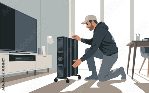 Man moving a heater in a modern living room with furniture
