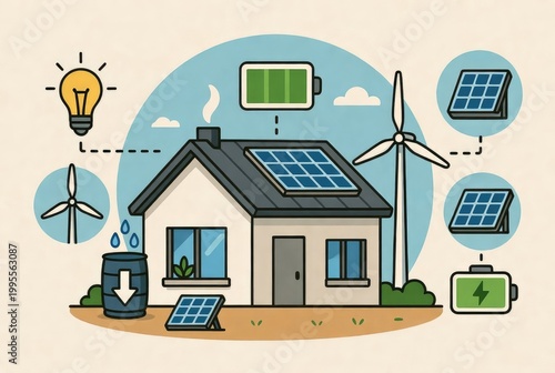 Smart eco-home with solar panels, wind turbine and rainwater harvesting: conceptual illustration of renewable energy.AI generative