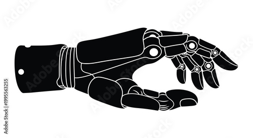 A black and white illustration of a robotic prosthetic human hand