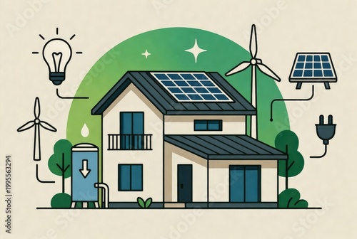 Smart eco-home with solar panels, wind turbine and rainwater harvesting: conceptual illustration of renewable energy.AI generative