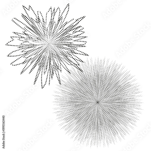 Abstract radial dashed starburst elements vector. These geometric shapes provide dynamic focus for minimalist graphic design.