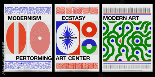 A triptych of modern art inspired designs with geometric shapes and text