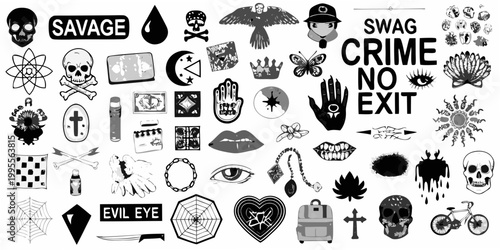 Collection of black and white temporary tattoo designs and graphic elements