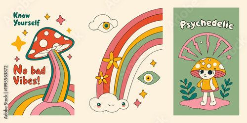 Fotografie Colorful psychedelic illustrations featuring mushrooms rainbows and positive aff