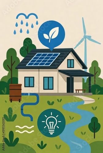 Smart eco-home with solar panels, wind turbine and rainwater harvesting: conceptual illustration of renewable energy.AI generative