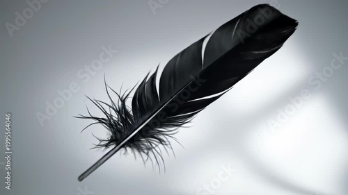 Elegant Black Feather Floating Gracefully in Soft Light.