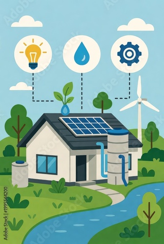 Smart eco-home with solar panels, wind turbine and rainwater harvesting: conceptual illustration of renewable energy.AI generative