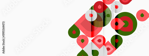 Abstract composition featuring overlapping circles, red, green, pink hues. Minimalist design, clean lines, modern aesthetic. White background dominates.