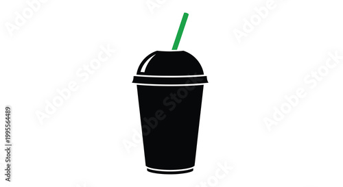 Simple black and white silhouette of a plastic cup with a green straw