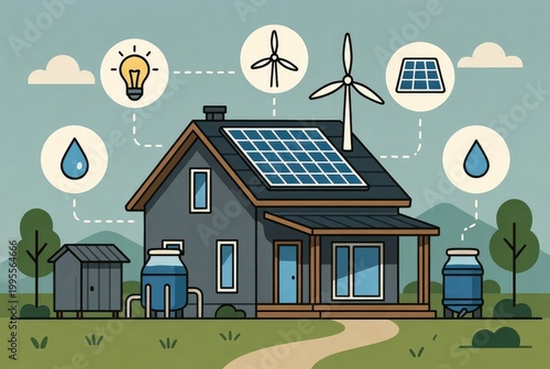 Smart eco-home with solar panels, wind turbine and rainwater harvesting: conceptual illustration of renewable energy.AI generative