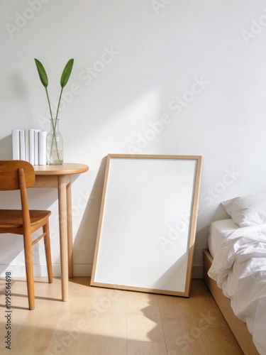 Large Blank Frame Mockup Leaning on Floor in Bright Minimalist Bedroom