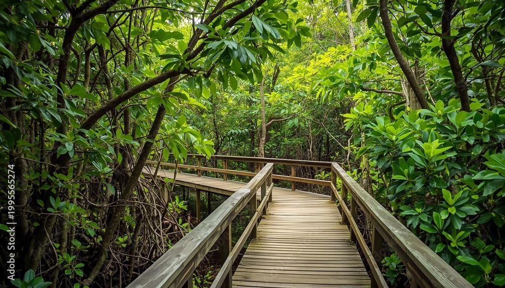 Fototapeta premium Serene Wooden Walkway Through A Dense Forest Filled With Tall Trees And Lush Greenery