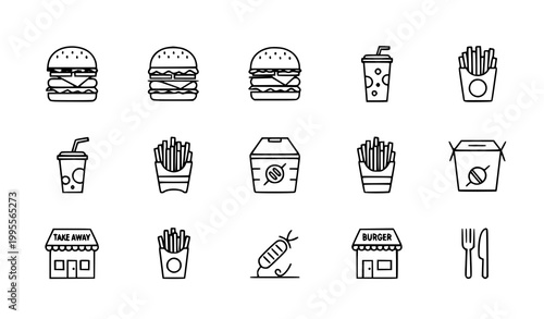 Fast food burger icon vector set with fries drink and restaurant menu symbols line design