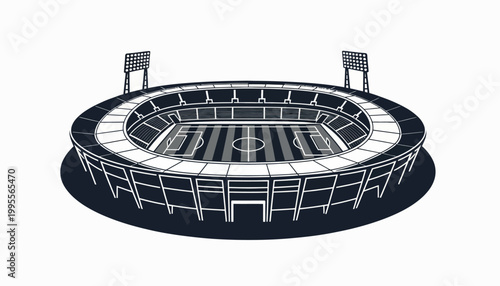 Vector illustration of a football stadium design, presented as an icon with visible field area, goal nets, corner flags, and field lines, conveying a clean and modern aesthetic