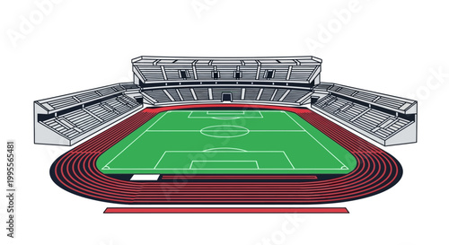 Vector illustration of a football stadium design, showcasing the field area with goals, nets, corner flags, and field lines, creating a visually appealing event background against a clean