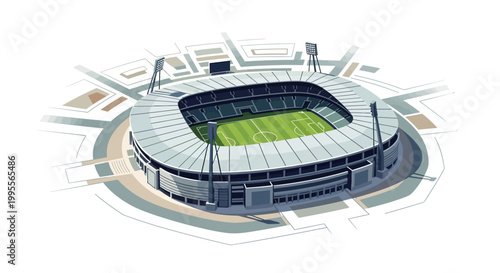 A vibrant vector illustration depicts a football stadium with soccer fans in the tribune, featuring detailed field area markings like goals, nets, and corner flags, set against a clean