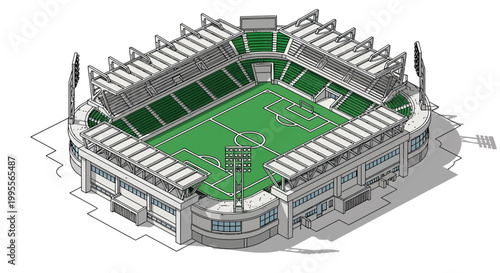 Isometric vector illustration of a football stadium, showcasing the tribune, field area with goals and corner flags, and support facilities, set against a simple white background
