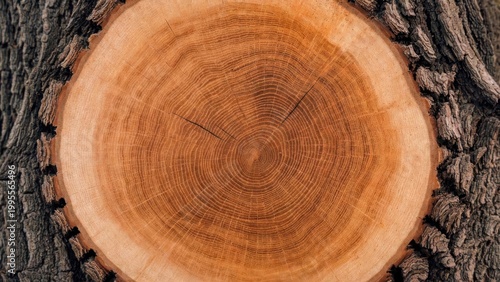 Freshly cut tree stump revealing tight rings on bark surface