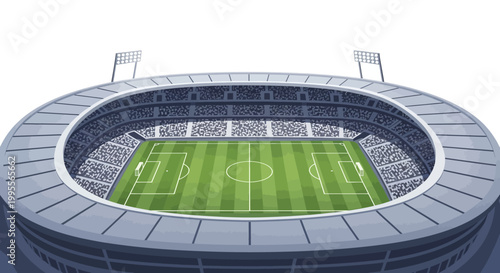 Vector illustration of a football stadium design, showcasing the tribune and field area with goals, nets, and corner flags, set against a white background in a colorful and eye-catching art