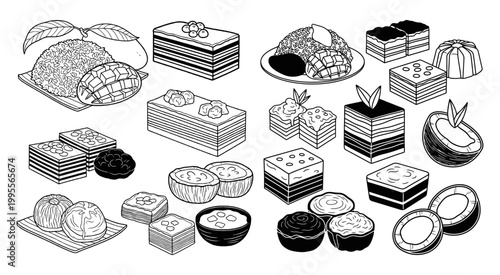 Set of hand drawn traditional Indonesian desserts and layer cakes