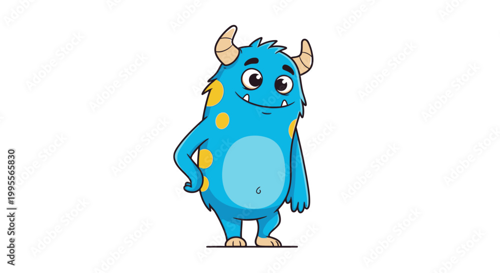 Obraz premium Cute Blue Monster Cartoon Character with Yellow Spots and Horns