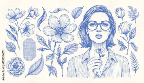 Vector set of cute hand drawn collage elements, flowers, leaves. Spring, summer collection. Dreamy woman. Nature design, print, poster