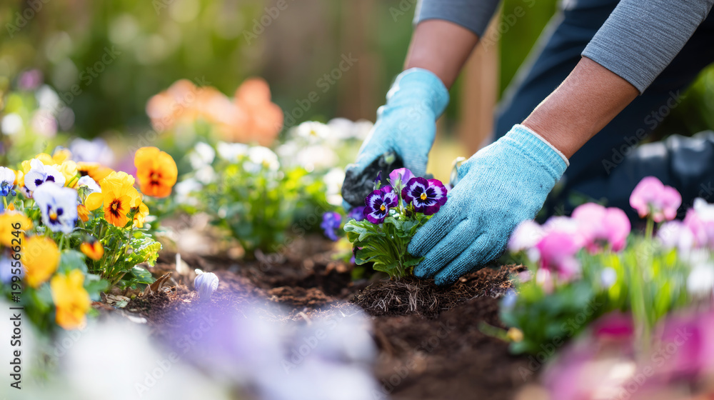 Fototapeta premium Person's hands in blue gloves planting colorful pansy flowers into a garden bed on a sunny spring day