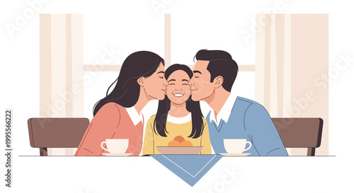 Happy family kissing daughter on cheeks at table, love and affection, togetherness, childhood joy