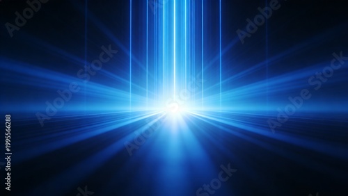 Vibrant blue light rays emanate strongly from a central glowing source