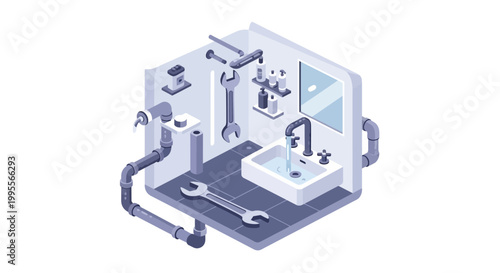 Isometric Bathroom Plumbing Repair and Maintenance Scene with Tools and Fixtures