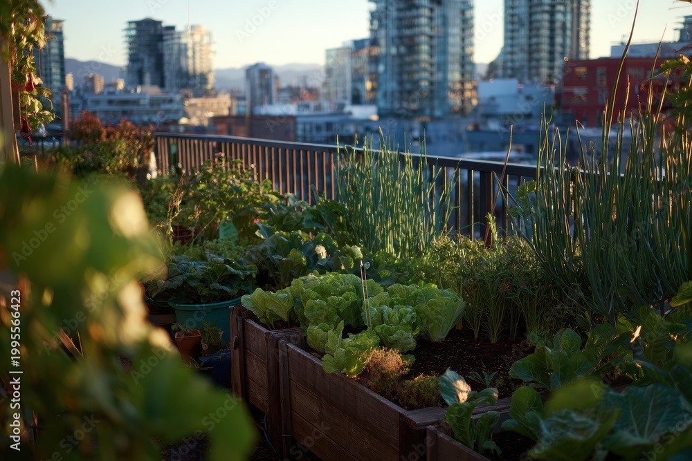 Fototapeta premium Urban Rooftop Garden at Dawn with City Skyline