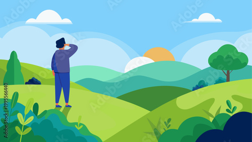 Cartoon character holding a flag on a sunny hilltop