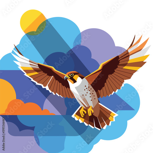 A colorful illustration of a bird in flight with geometric shapes