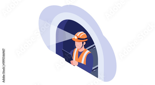 Miner in hard hat and safety vest with tablet inside cloud-shaped mine tunnel