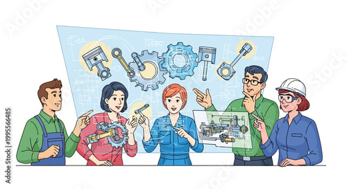Illustrated vector design featuring a diverse team examining factory machinery components and technical drawings, presented in a bright, educational style against a clean white background