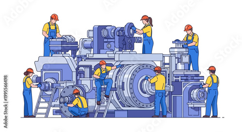 Illustrated vector art of factory workers repairing complex machinery, showcasing the assembly and function of the components, set against a clean white background with a blueprint style