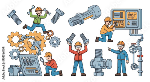 Cartoon illustration showcasing factory machinery with engineers interacting with gears and valves in a technical drawing style, set against a clean background, conveying a playful