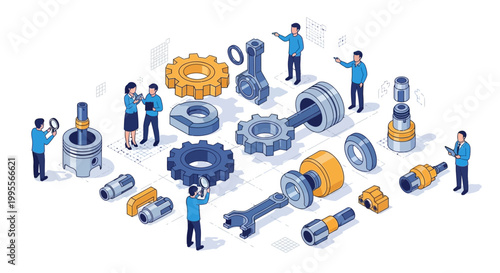 Isometric vector illustration depicting several characters inspecting a mechanical parts diagram showing the assembly of various machinery components, including gears and pistons